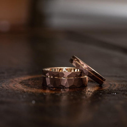 "Zeus" Womens Hammered Tungsten Carbide Ring- Chocolate w/ Rose Gold Strip- 4mm