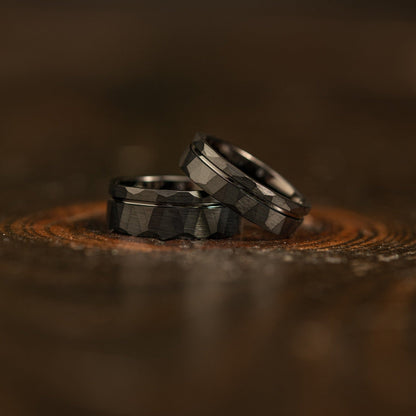 "Zeus" Hammered Tungsten Carbide Ring- Flat with Black Strip- 6mm/8mm