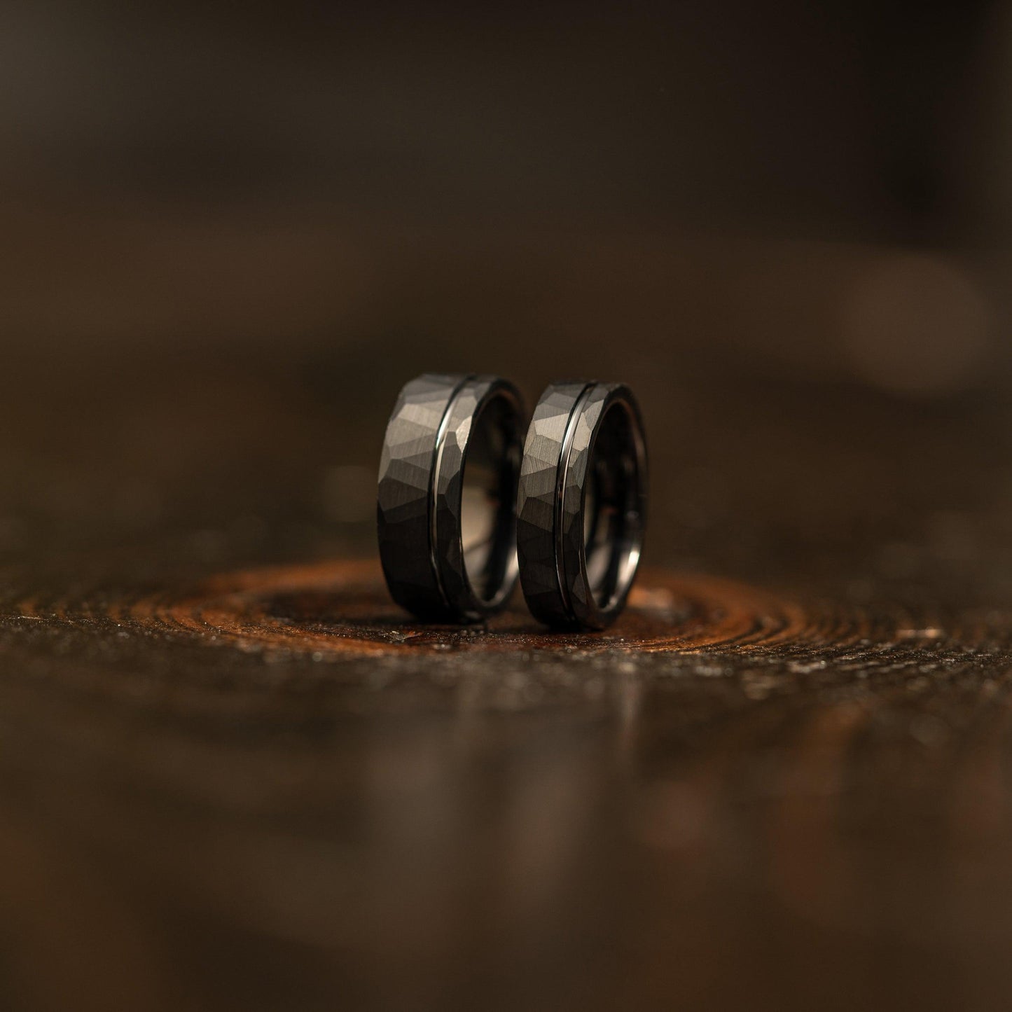 "Zeus" Hammered Tungsten Carbide Ring- Flat with Black Strip- 6mm/8mm