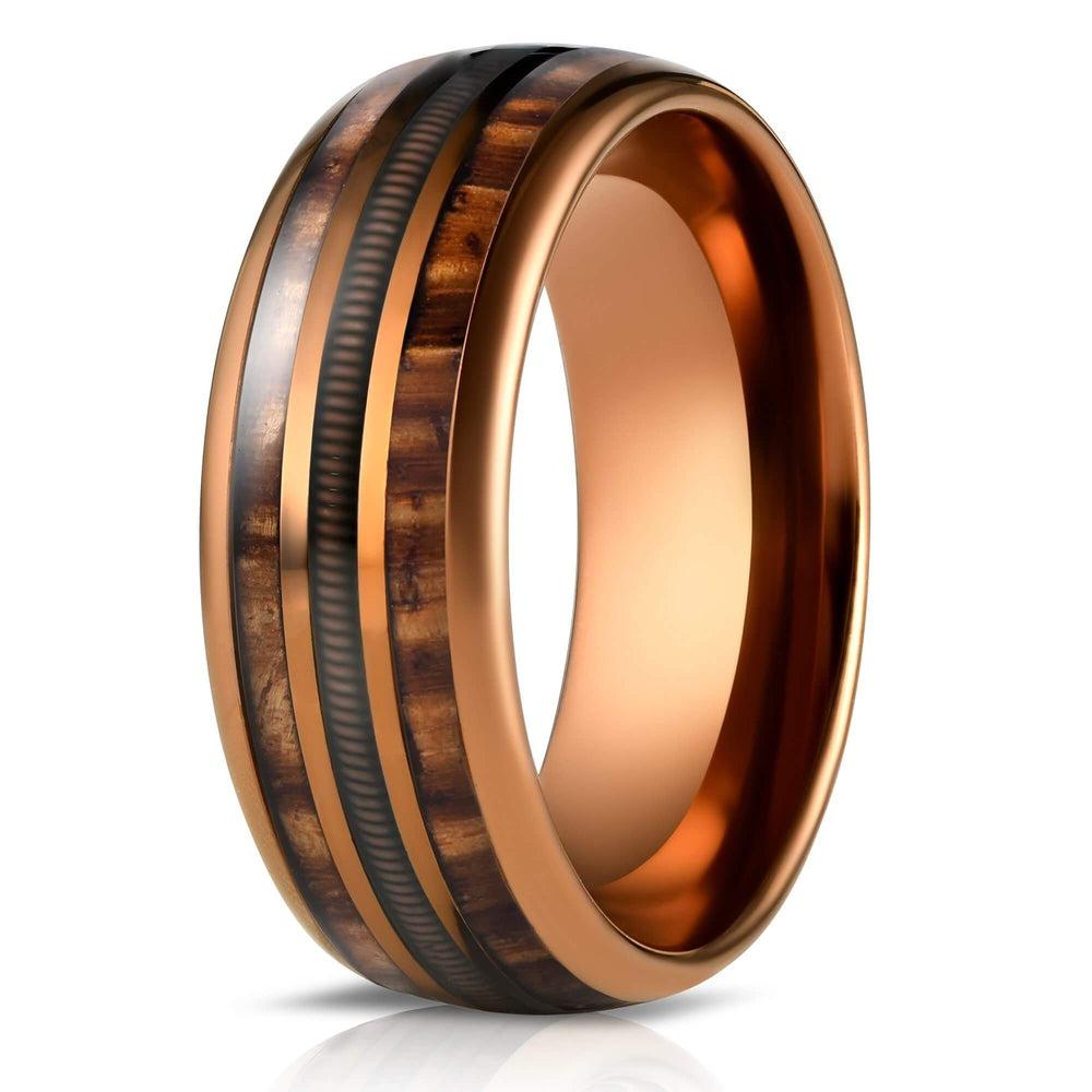 "Dionysus"  Hawaiian Koa Wood x Guitar String Ring- Rose Gold Tungsten 6mm/8mm