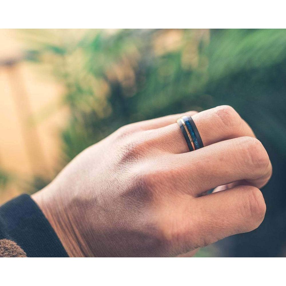 "Dionysus"  Black x Blue Opal Rose Gold Tungsten Ring