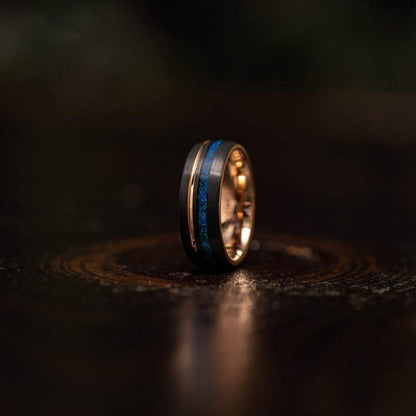 "Dionysus"  Black x Blue Opal Rose Gold Tungsten Ring
