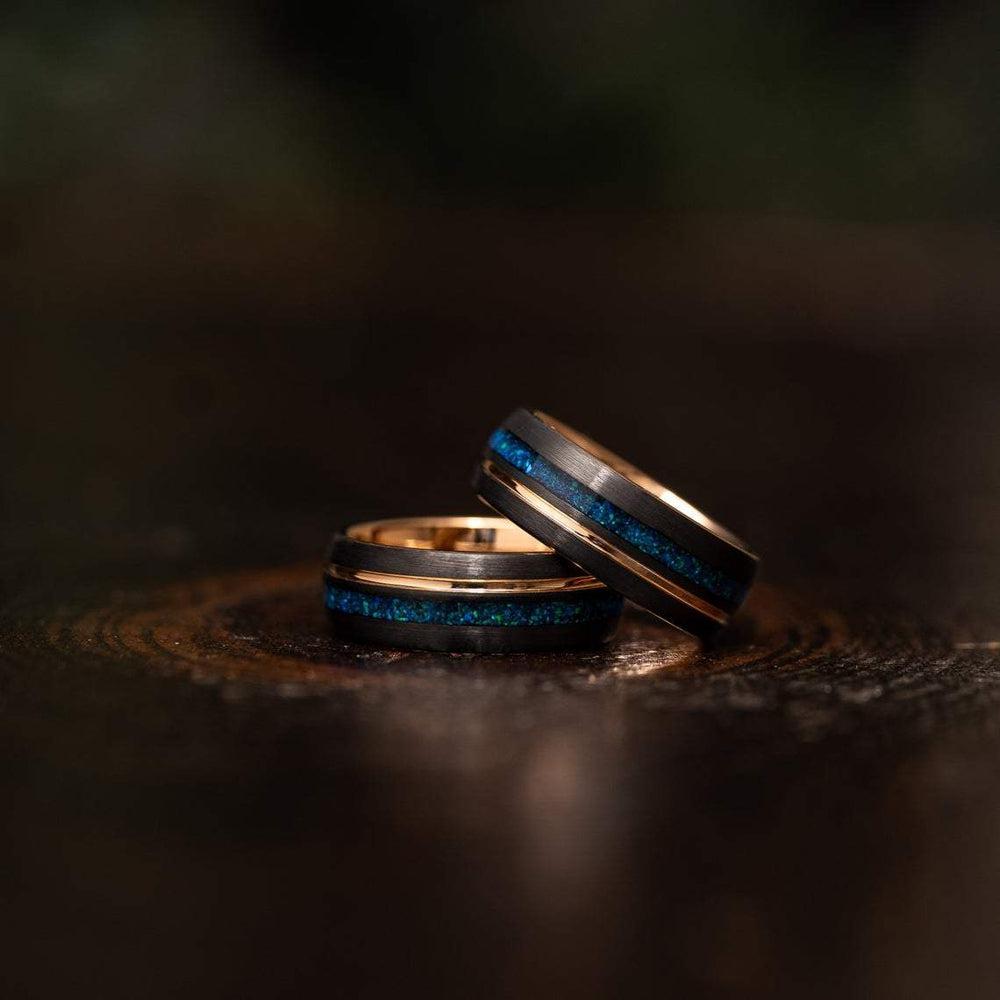 "Dionysus"  Black x Blue Opal Rose Gold Tungsten Ring