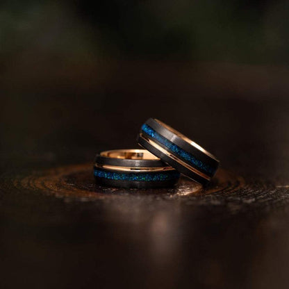 "Dionysus"  Black x Blue Opal Rose Gold Tungsten Ring