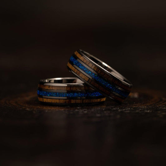 "Dionysus"  Whisky Barrel x Blue Opal Gunmetal Tungsten Ring