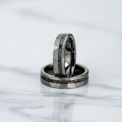 "Zeus" Hammered Tungsten Carbide Ring- Womens Silver w/ Meteorite- 5mm