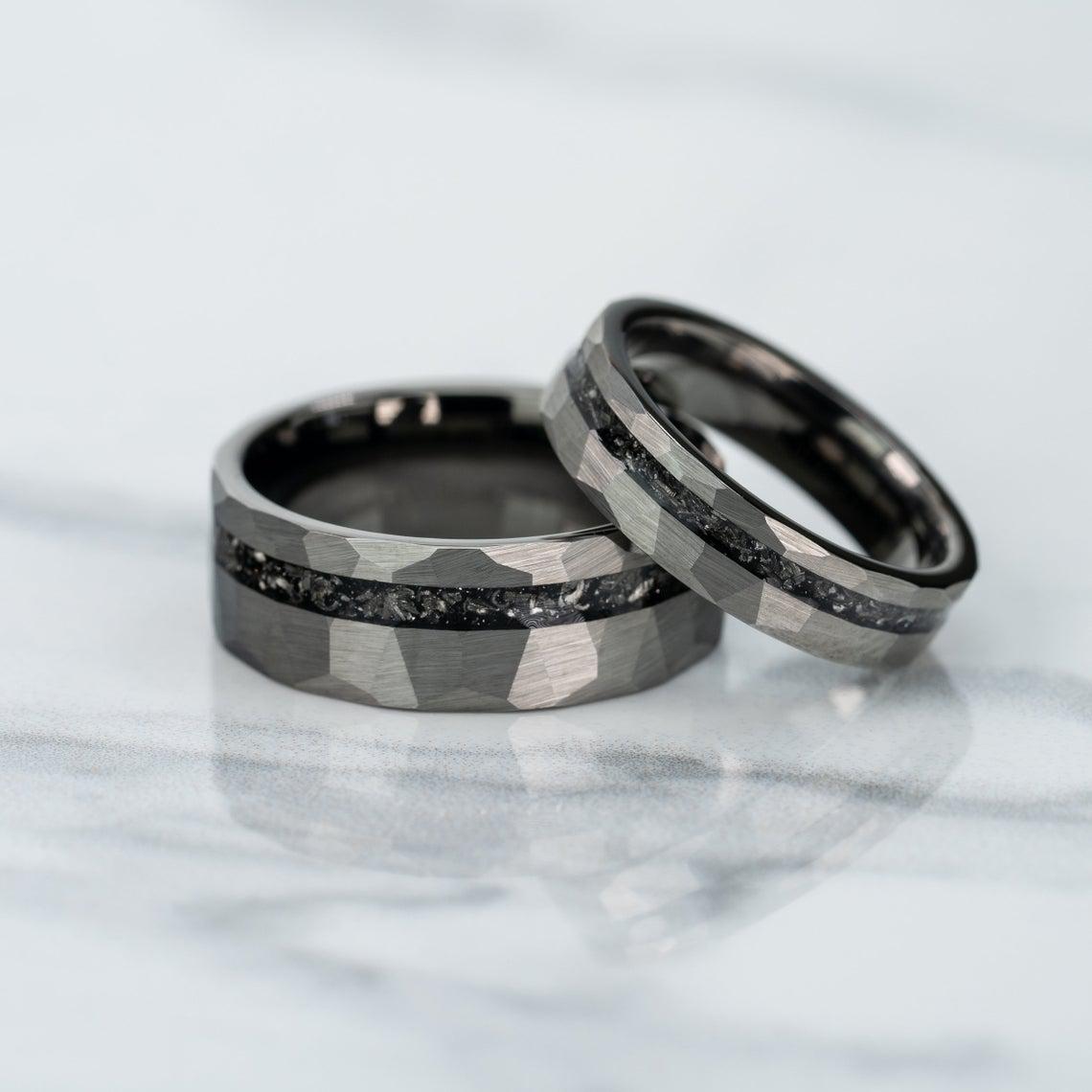 "Zeus" Hammered Tungsten Carbide Ring- Silver w/ Meteorite- 8mm