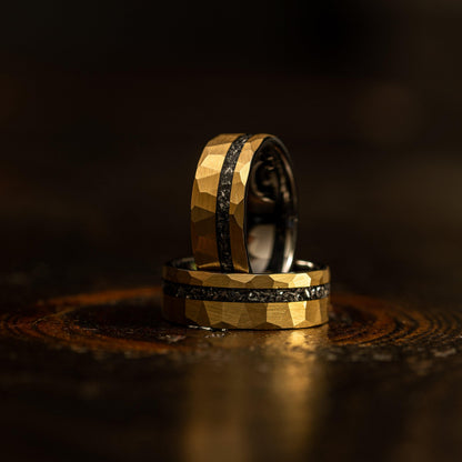 "Zeus" Hammered Tungsten Carbide Ring- Yellow Gold w/ Meteorite- 8mm