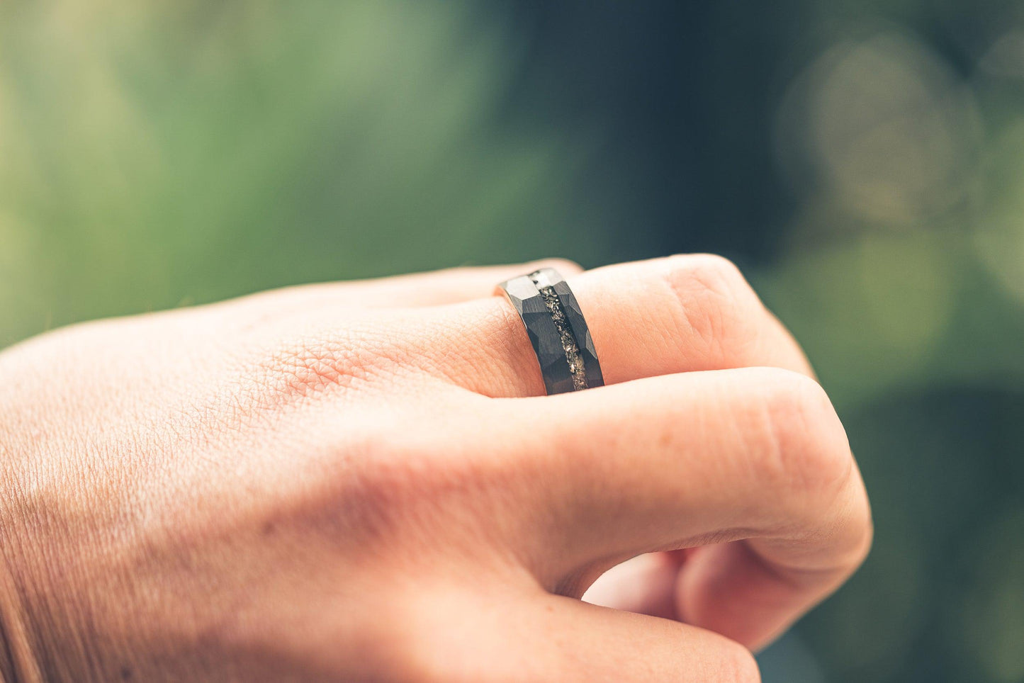 "Zeus" Hammered Tungsten Carbide Ring- Black/Rose Gold w/ Meteorite- 8mm