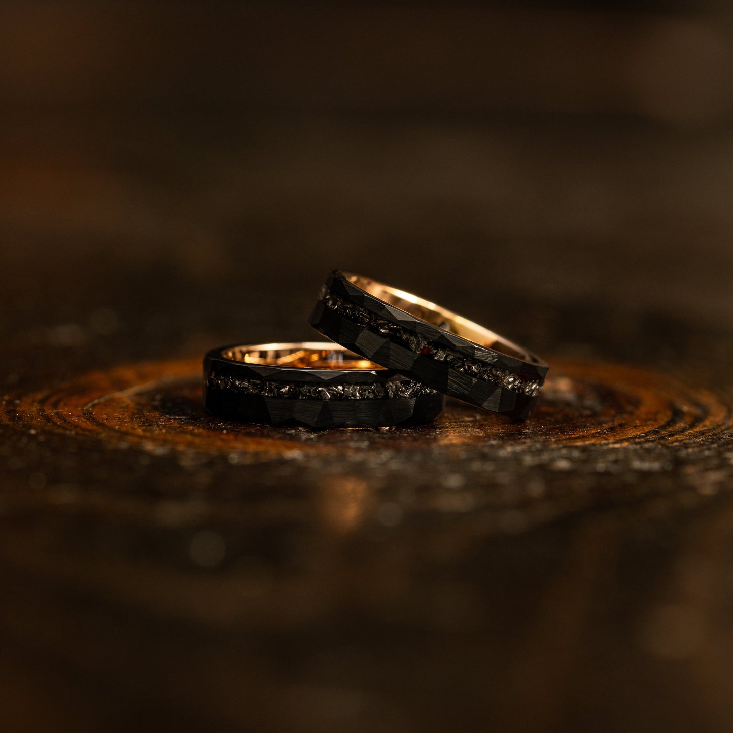 "Zeus" Hammered Tungsten Carbide Ring- Womens Black/Rose w/ Meteorite- 5mm