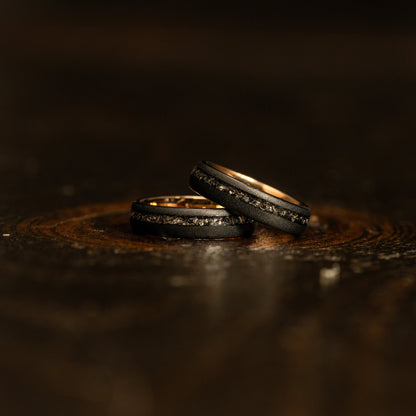 "Dionysus" Sandblasted Tungsten Carbide Ring- Womens Black/Rose w/ Meteorite- 5mm