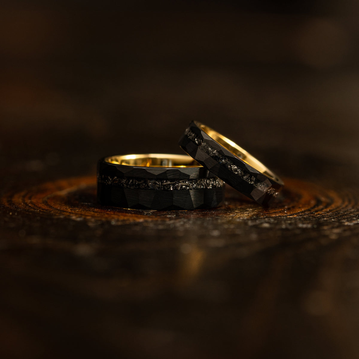 "Zeus" Hammered Tungsten Carbide Ring- Womens Black/Yellow w/ Meteorite- 5mm