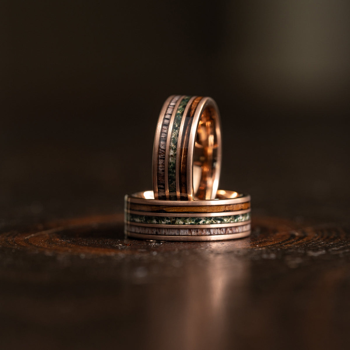"Highlander"  Brushed Rose Gold Tungsten with Whisky Barrel x Moss Agate x Antler