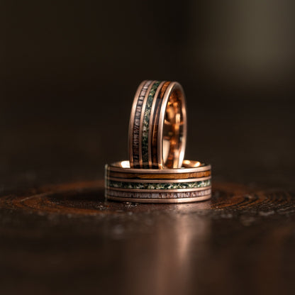 "Highlander"  Brushed Rose Gold Tungsten with Whisky Barrel x Moss Agate x Antler