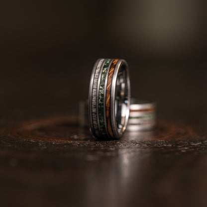 "Highlander"  Brushed Silver Tungsten with Whisky Barrel x Moss Agate x Antler