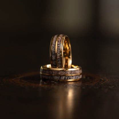 "Dionysus"  Double Barrel Naturally Shed Antler Yellow Gold Tungsten Ring- Domed
