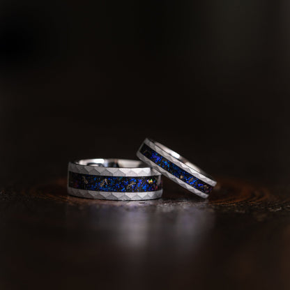 "Zeus" Hammered Nebula Ring- Meteorite and Opal- Silver 8mm