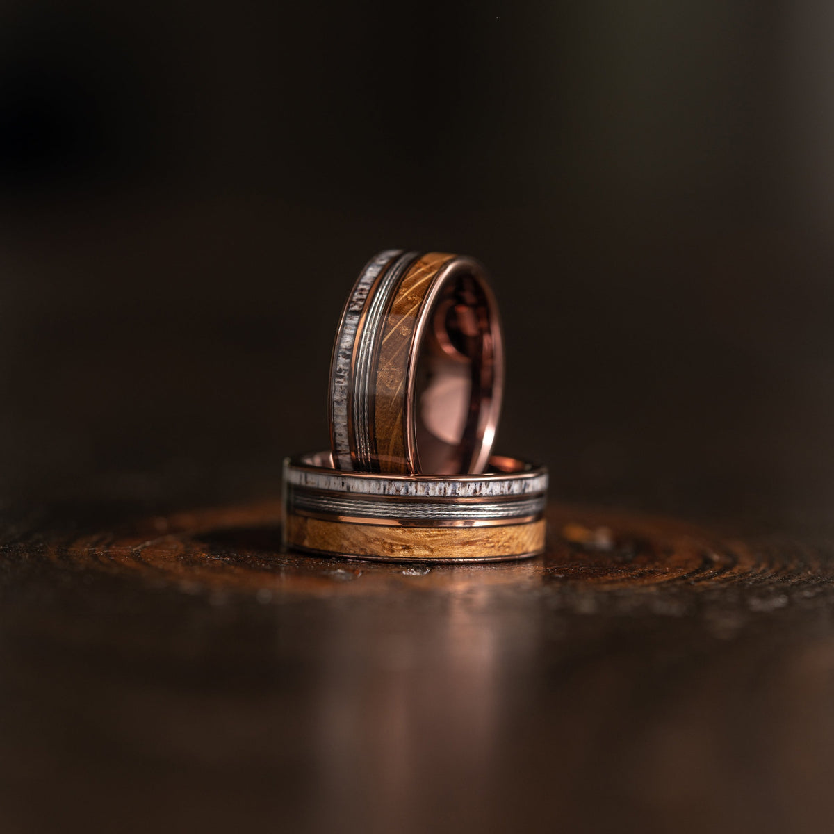"Dionysus"  Whiskey Barrel Wood x  Antler x Fishing Line- Smoked Rose Gold Tungsten