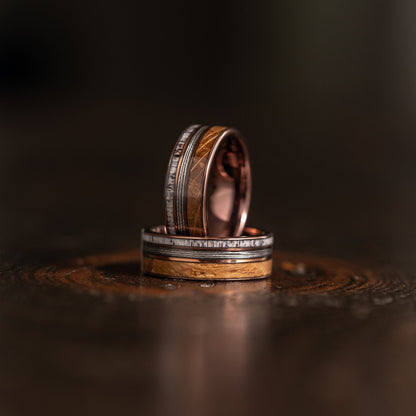 "Dionysus"  Whiskey Barrel Wood x  Antler x Fishing Line- Smoked Rose Gold Tungsten