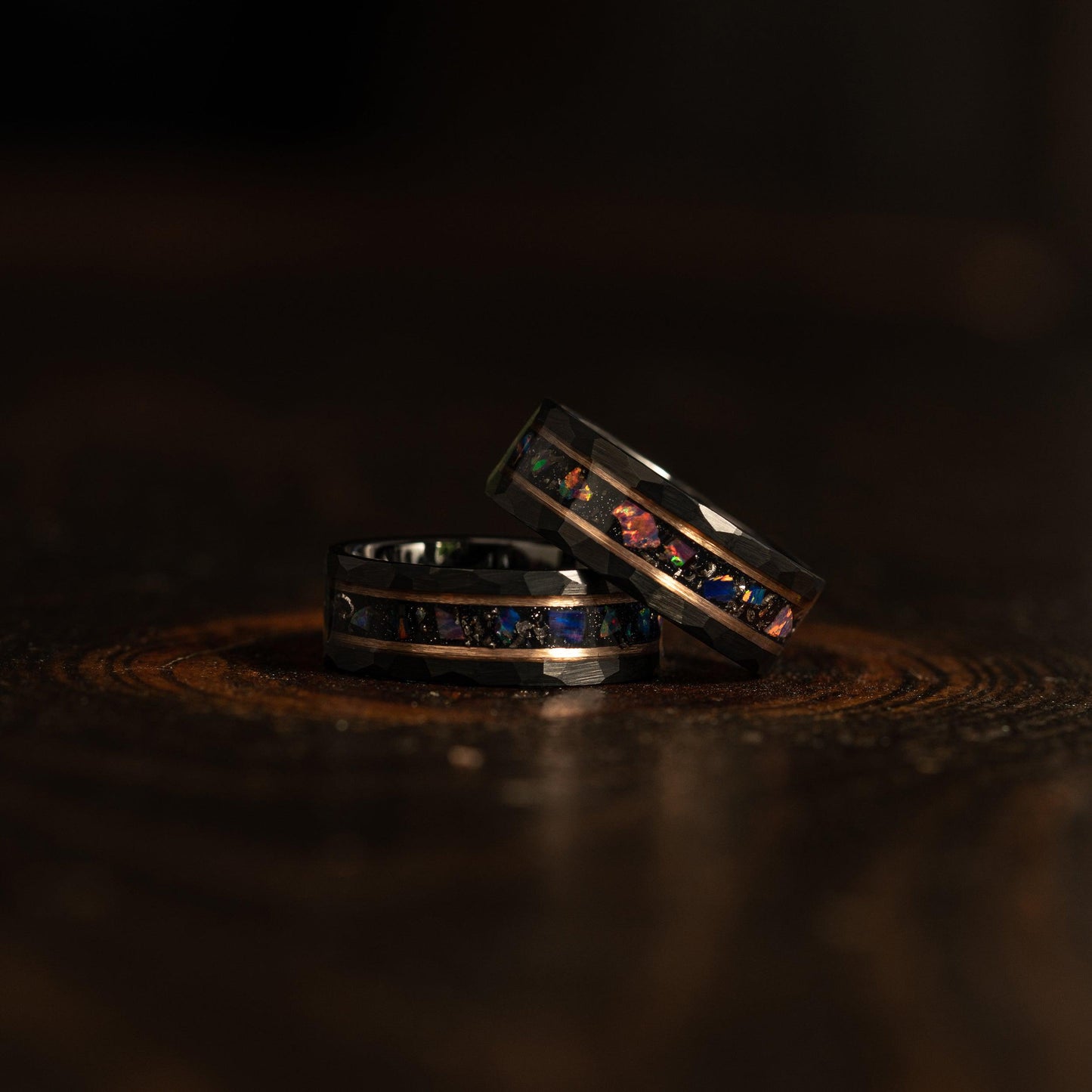 "Zeus" Hammered Tungsten Carbide Ring- Meteorite and Opal- Black/Rose- 6mm/8mm
