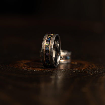 "Zeus" Hammered Tungsten Carbide Ring- Meteorite and Opal- Grey/Rose- 6mm/8mm