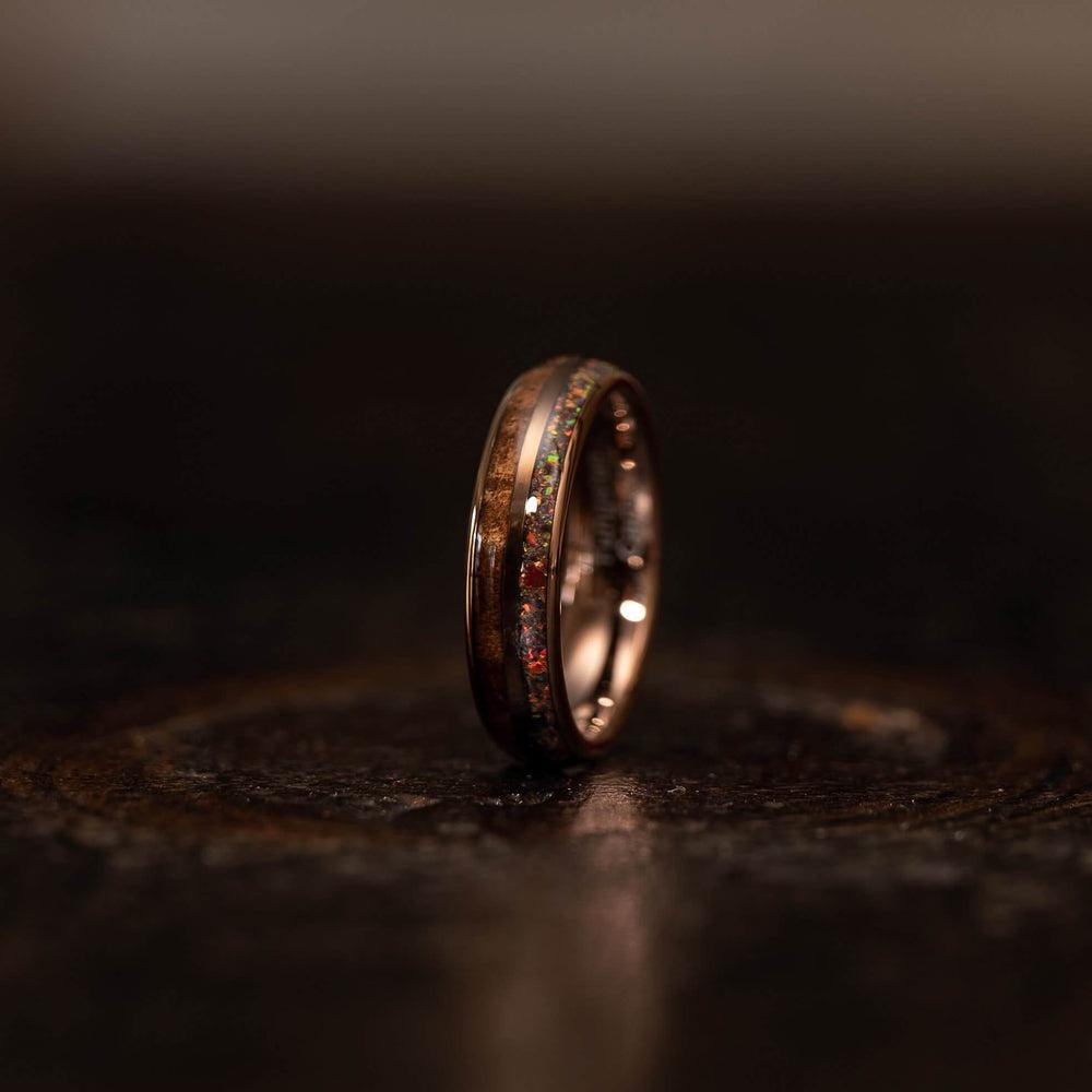 "Dionysis" Womens Tungsten Carbide Ring- Smoked Rose Gold X Rasta Opal- 5mm