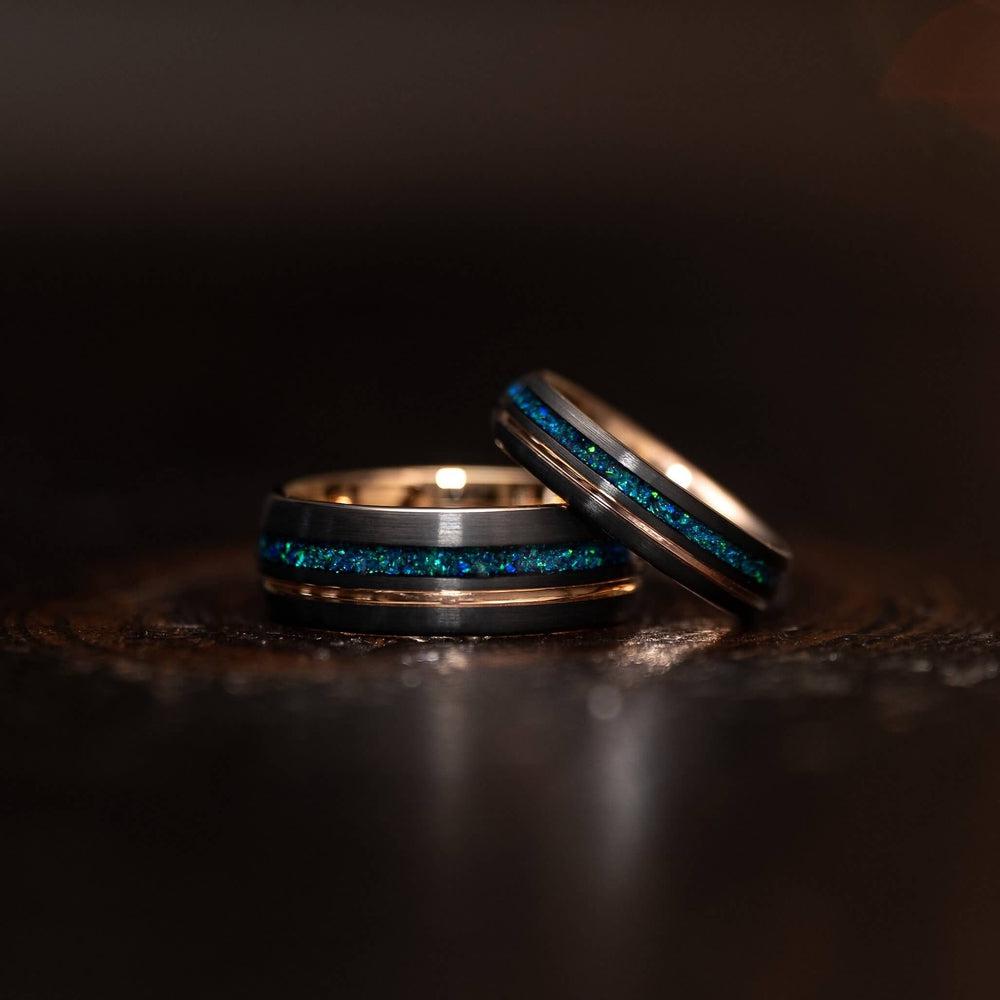 "Dionysis" Womens Tungsten Carbide Ring- Rose Gold X Blue Opal- 5mm