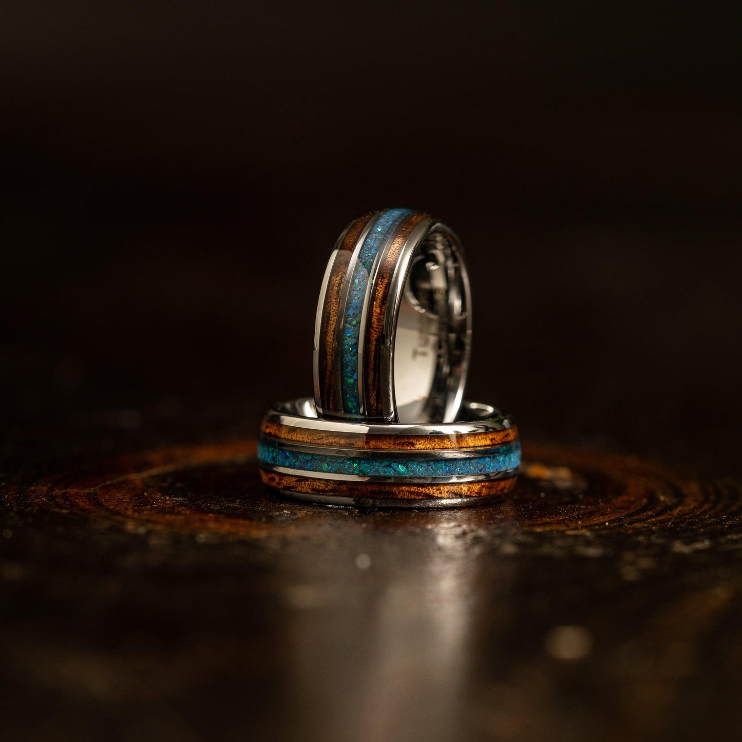 "Dionysus"  Koa x Blue-Green Opal Silver Tungsten Ring