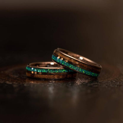 "Dionysis" Womens Tungsten Carbide Ring- Smoked Rose Gold X Blue/Green Opal- 5mm