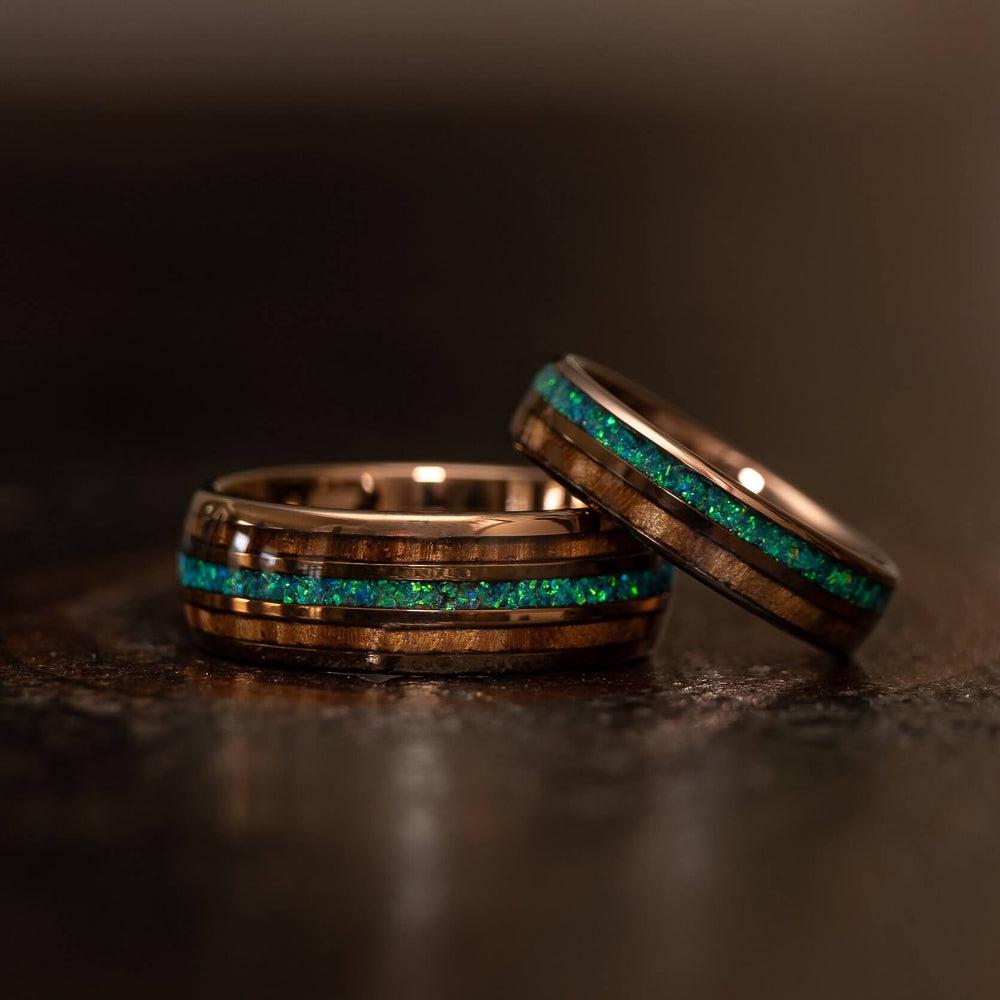 "Dionysis" Womens Tungsten Carbide Ring- Smoked Rose Gold X Blue/Green Opal- 5mm