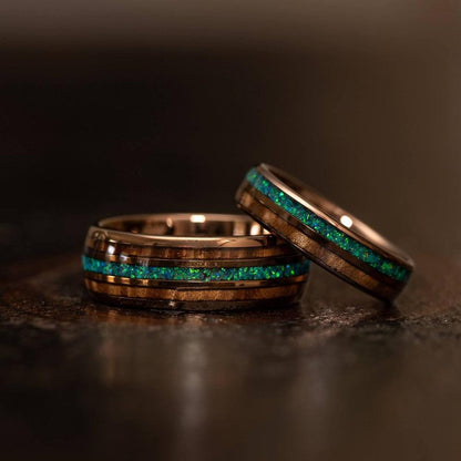"Dionysis" Womens Tungsten Carbide Ring- Smoked Rose Gold X Blue/Green Opal- 5mm
