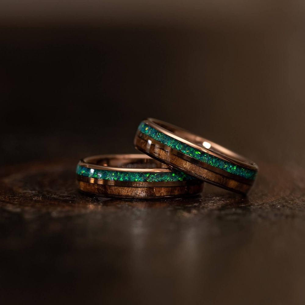 "Dionysis" Womens Tungsten Carbide Ring- Smoked Rose Gold X Blue/Green Opal- 5mm
