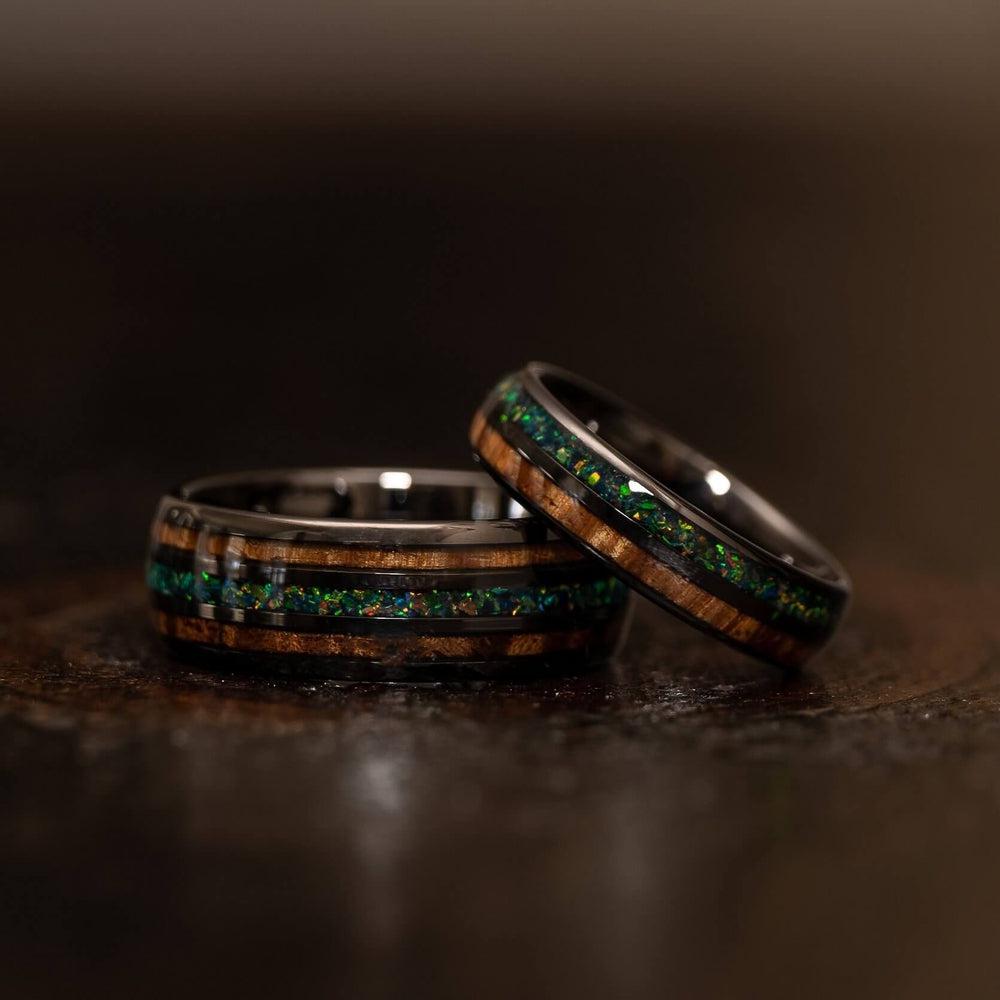 "Dionysis" Womens Tungsten Carbide Ring- Gunmetal X Blue/Green Opal- 5mm