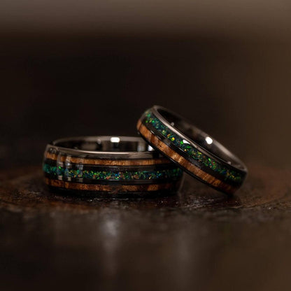 "Dionysis" Womens Tungsten Carbide Ring- Gunmetal X Blue/Green Opal- 5mm