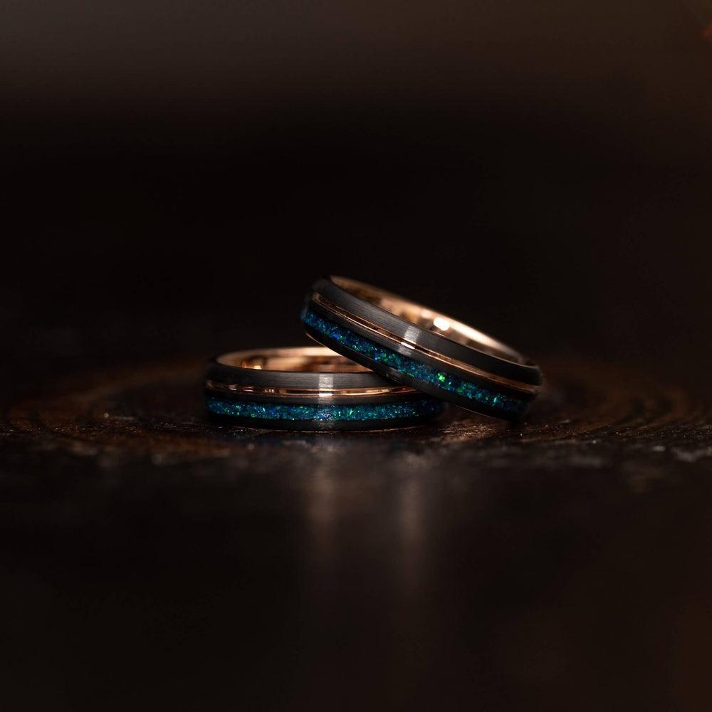 "Dionysis" Womens Tungsten Carbide Ring- Rose Gold X Blue Opal- 5mm