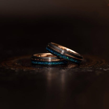 "Dionysis" Womens Tungsten Carbide Ring- Rose Gold X Blue Opal- 5mm