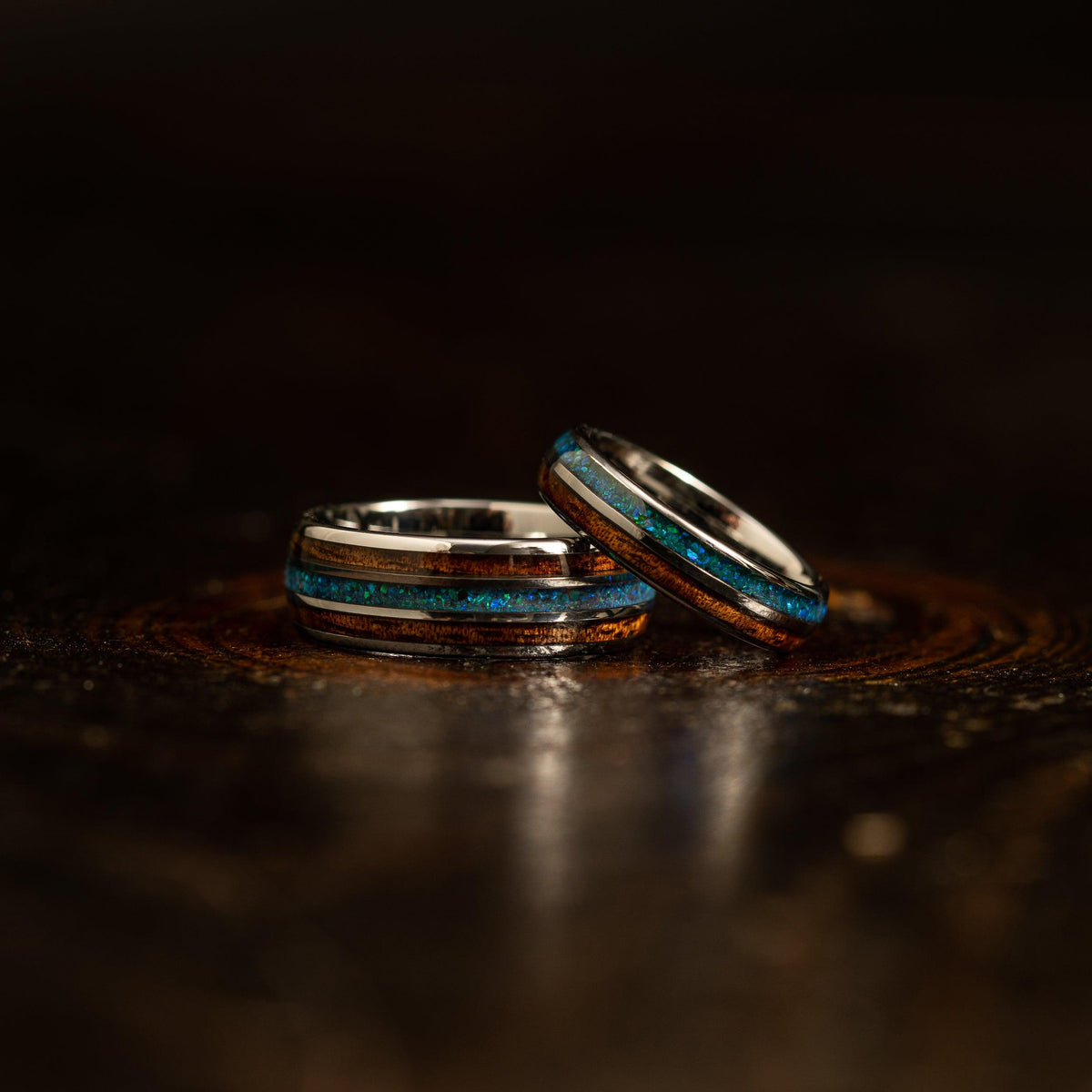 "Dionysus"  Koa x Blue-Green Opal Silver Tungsten Ring