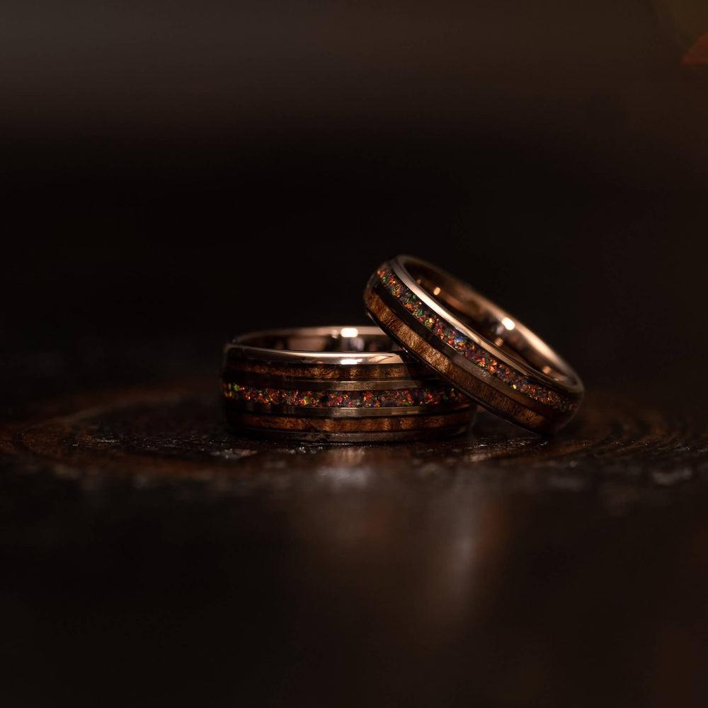 "Dionysis" Womens Tungsten Carbide Ring- Smoked Rose Gold X Rasta Opal- 5mm