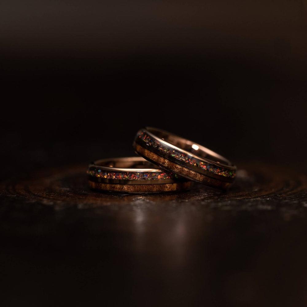 "Dionysis" Womens Tungsten Carbide Ring- Smoked Rose Gold X Rasta Opal- 5mm