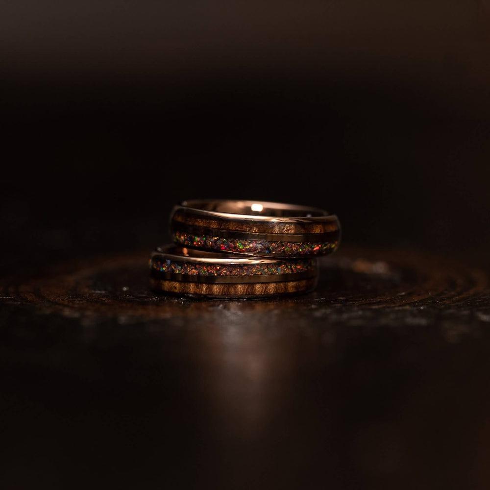 "Dionysis" Womens Tungsten Carbide Ring- Smoked Rose Gold X Rasta Opal- 5mm