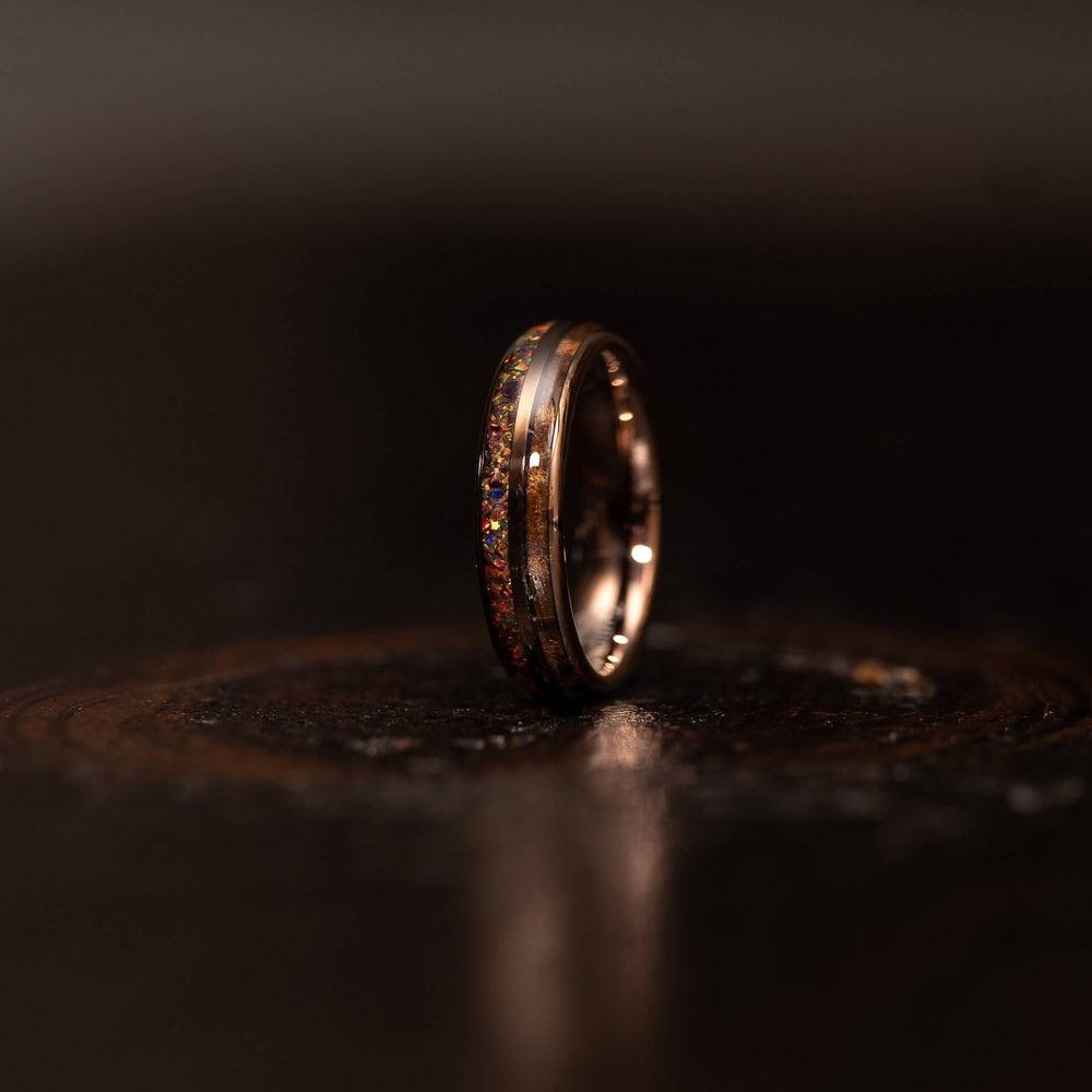 "Dionysis" Womens Tungsten Carbide Ring- Smoked Rose Gold X Rasta Opal- 5mm
