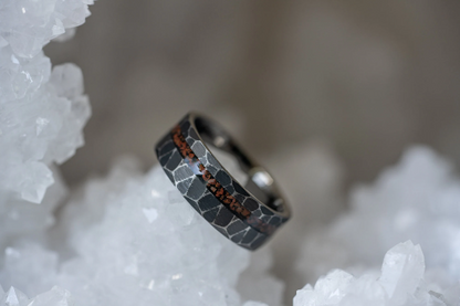 "Zeus" Distressed Hammered Dinosaur fossil - Tungsten Carbide Ring- Black w/ Red Dinosaur Bone- 8mm