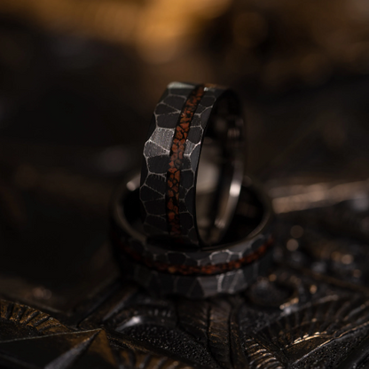 "Zeus" Distressed Hammered Dinosaur fossil - Tungsten Carbide Ring- Black w/ Red Dinosaur Bone- 8mm