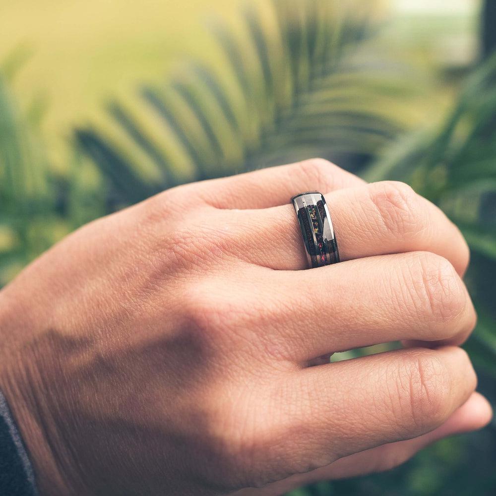"Dionysus"  Desert Ironwood x Black Opal Gunmetal Tungsten Ring
