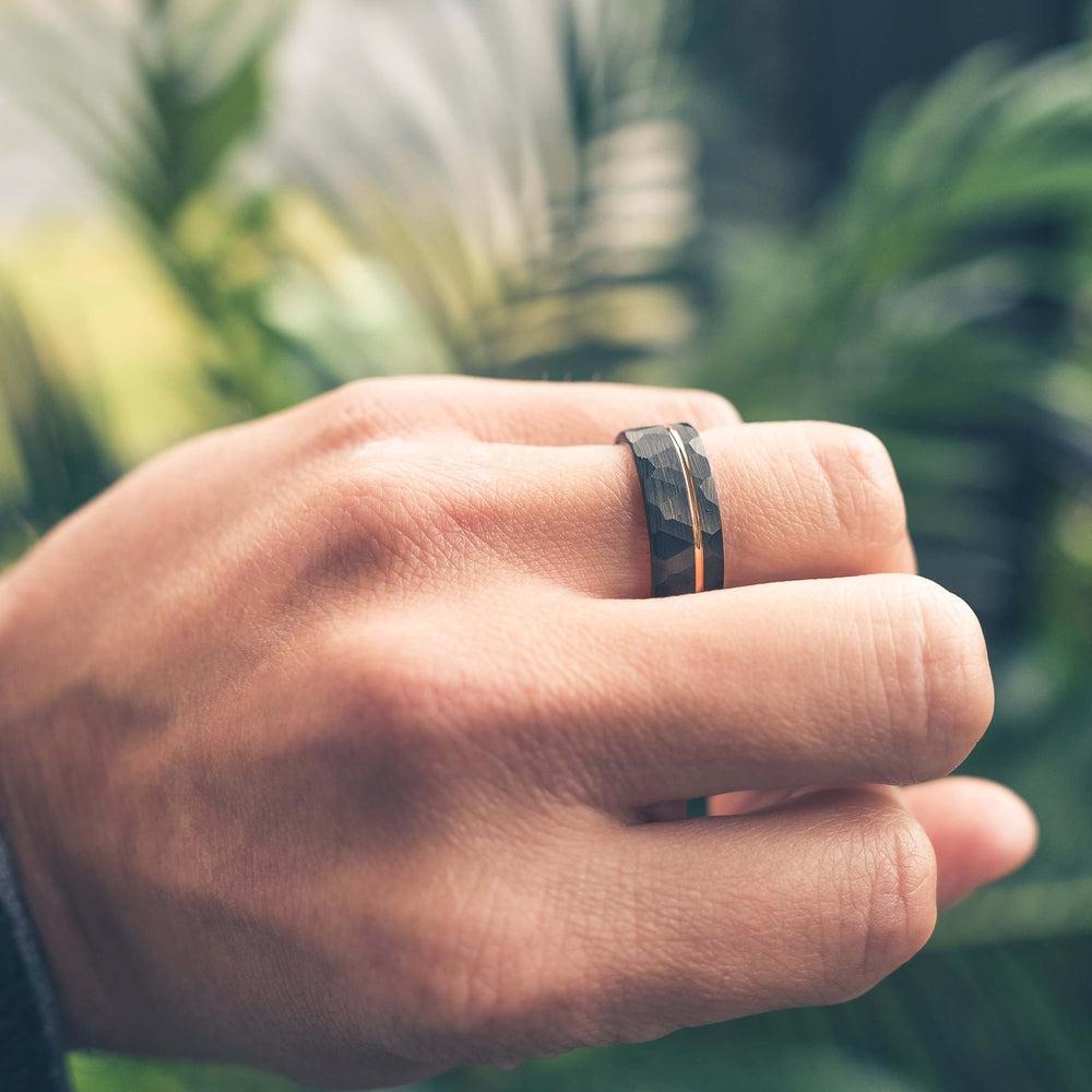 "Zeus" Hammered Tungsten Carbide Ring- Black w/ Rose Gold Strip- 6mm/8mm