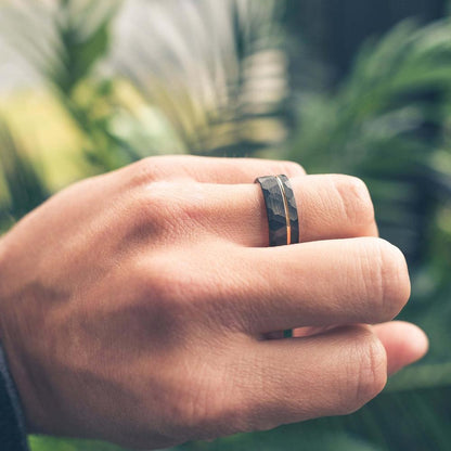 "Zeus" Hammered Tungsten Carbide Ring- Black w/ Rose Gold Strip- 6mm/8mm