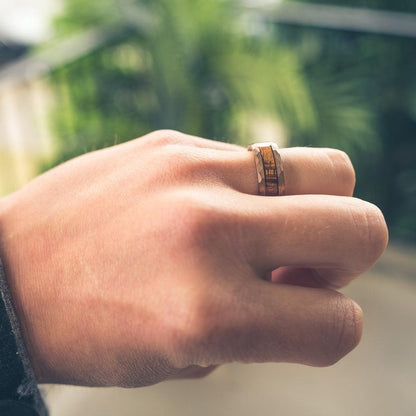 "Zeus" Hammered Tungsten Carbide Ring- Coffee with Hawaiian Koa Wood
