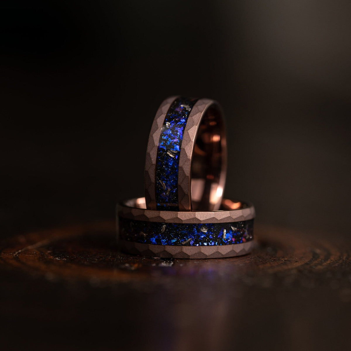 "Zeus" Chocolate Hammered Nebula Ring- Meteorite and Opal- 8mm