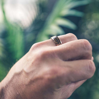 "Dionysus"  Hawaiian Koa Wood x Guitar String Ring- Rose Gold Tungsten 6mm/8mm