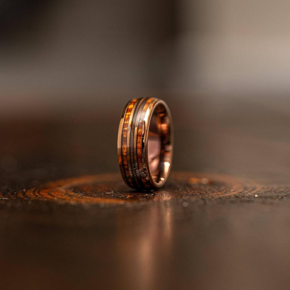 "Dionysus"  Hawaiian Koa Wood x Guitar String Ring- Rose Gold Tungsten 6mm/8mm